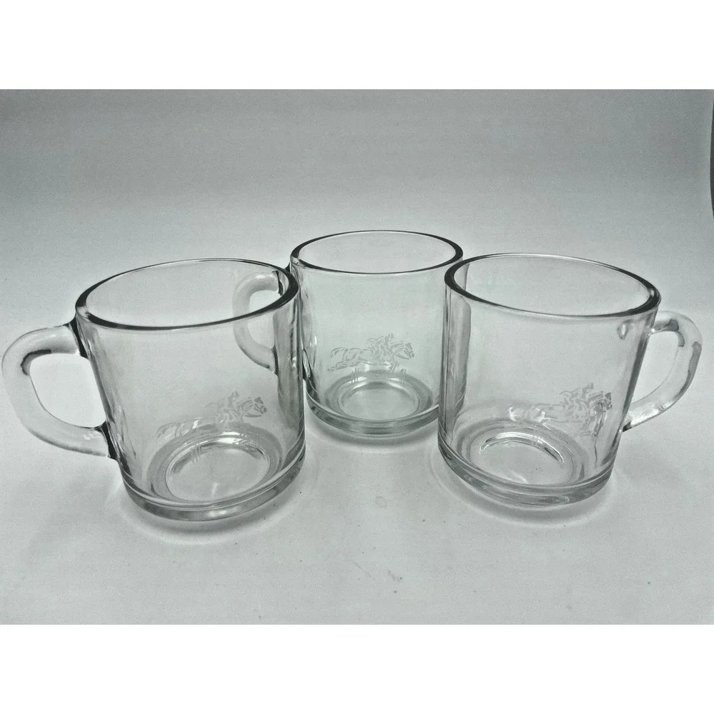 Vtg Set 3 Anchor‎ Hocking USA Glass Polo Horse Etched Equestrian Coffee Mug Cups